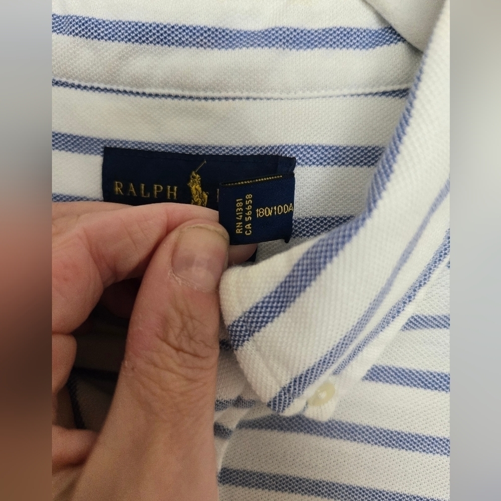 Ralph Lauren Knit Oxford Cotton Blue and White Striped Polo Shirt | Size Large - Picture 5 of 5